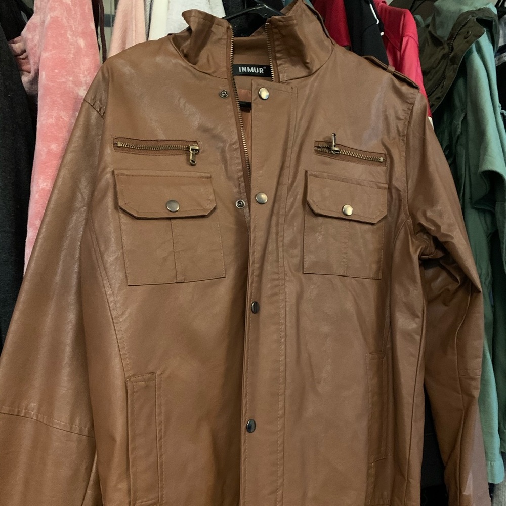 Men’s medium brown faux leather jacket, brand new